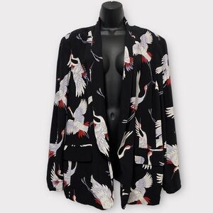 LOFT Black Crane Print Open-Front Blazer